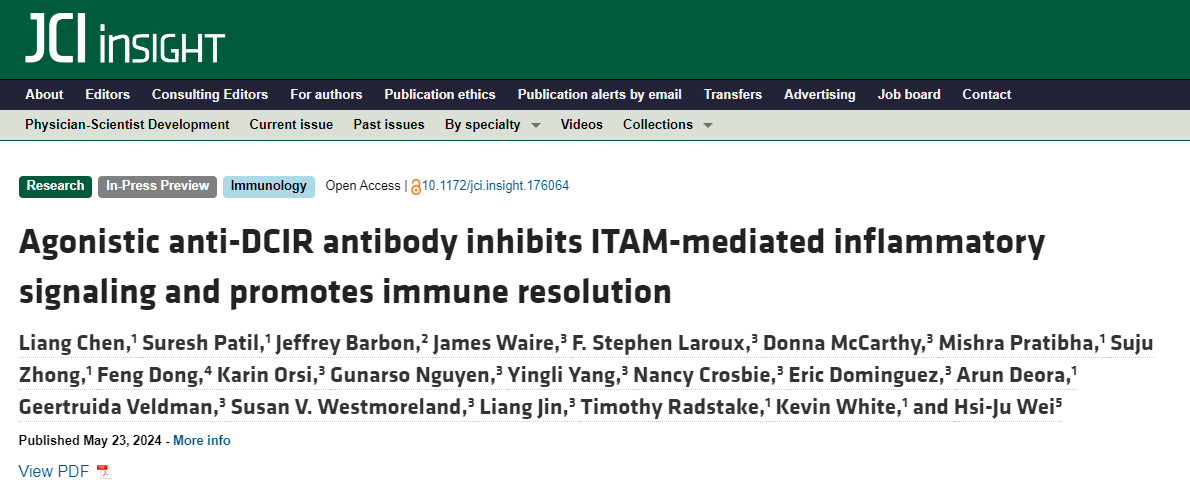 Agonistic anti-DCIR antibody inhibits ITAM-mediated inflammatory signaling and promotes immune resolution
